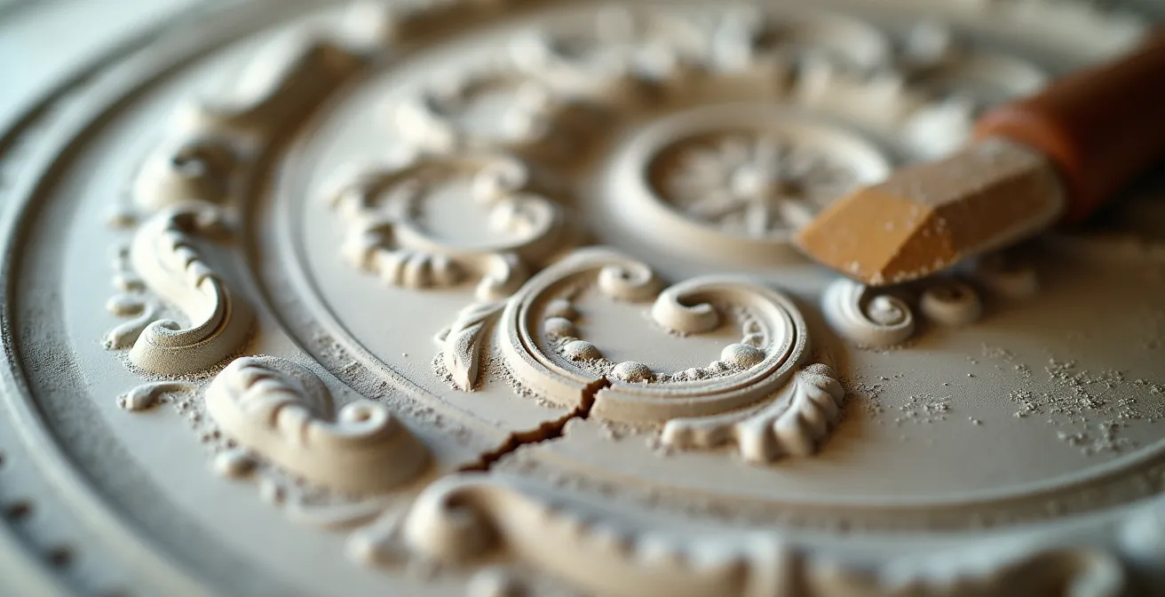 Détail macro d'une rosace de plâtre victorienne avec fissures visibles et outils de restauration