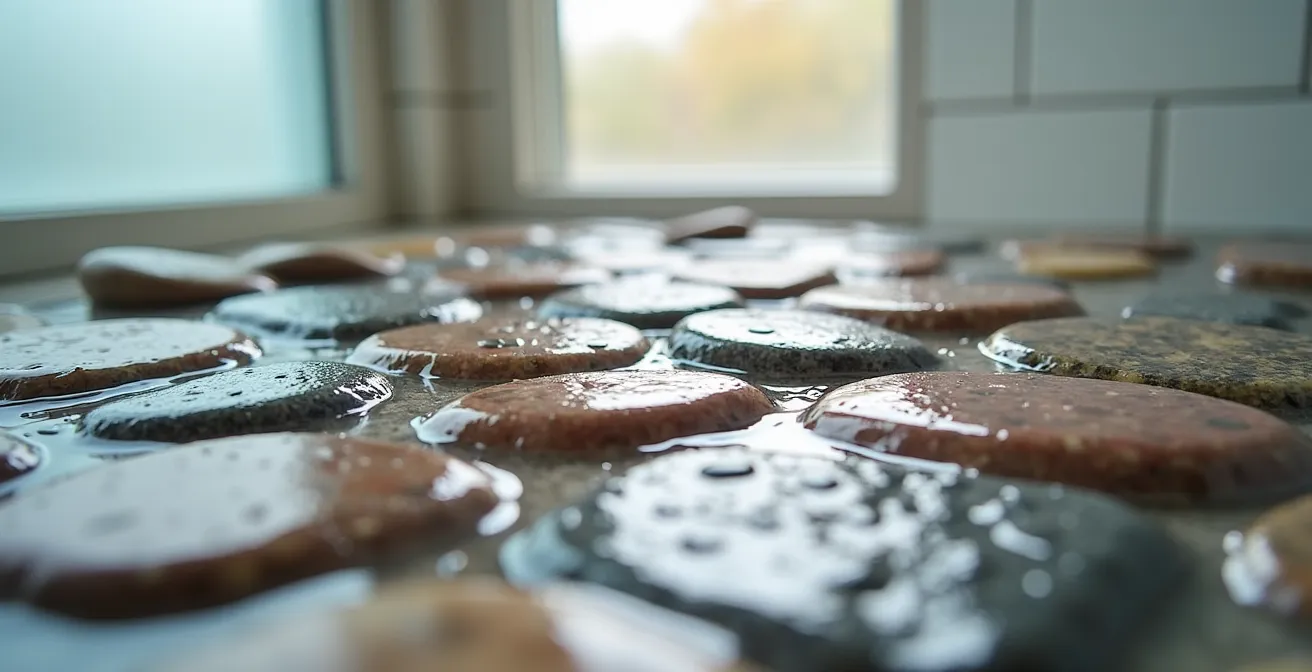 Salle de bain moderne avec sol de douche en galets des Laurentides et vasque en granit québécois