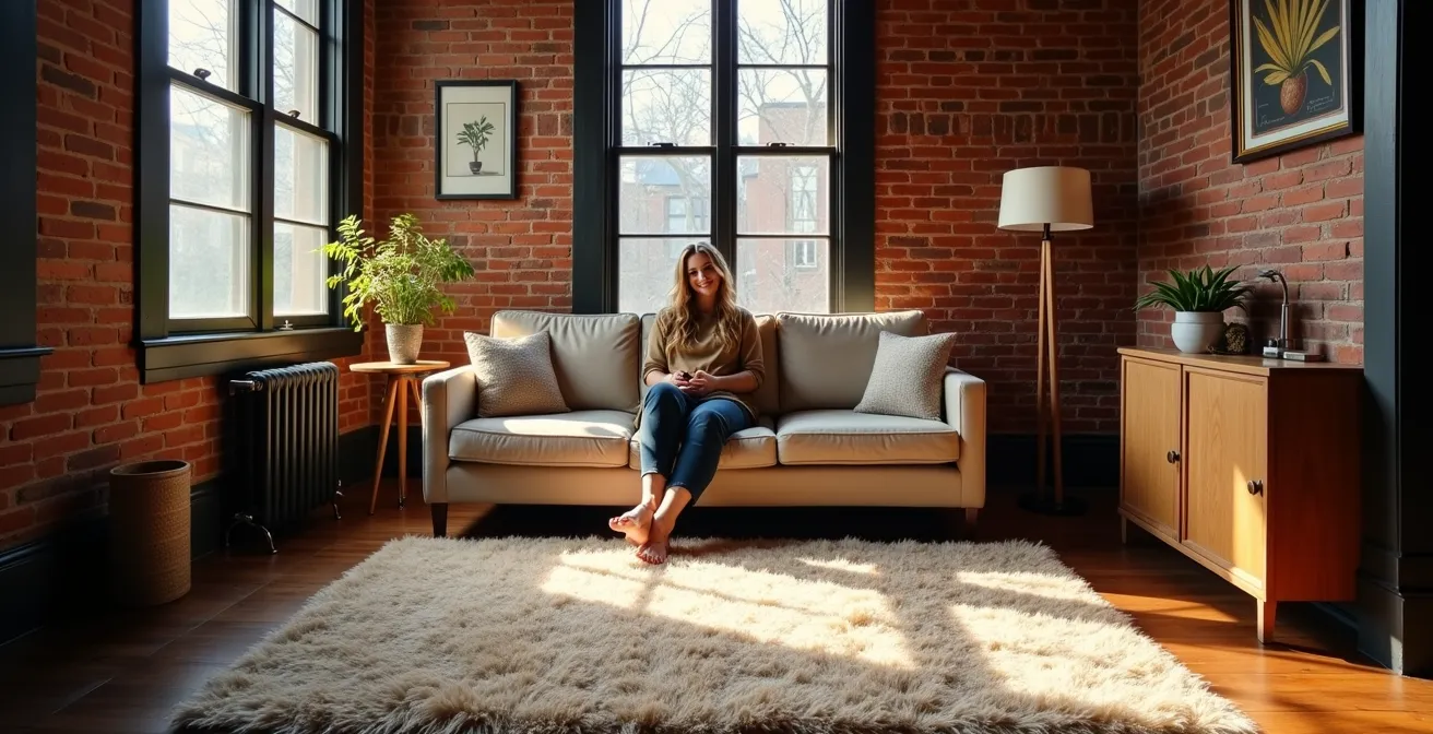 Salon de plex montréalais avec mur de briques exposé et grand tapis en laine créant une ambiance chaleureuse