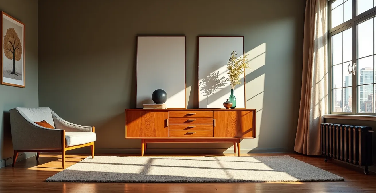 Salon montréalais mélangeant mobilier vintage scandinave et moderne avec circulation optimale