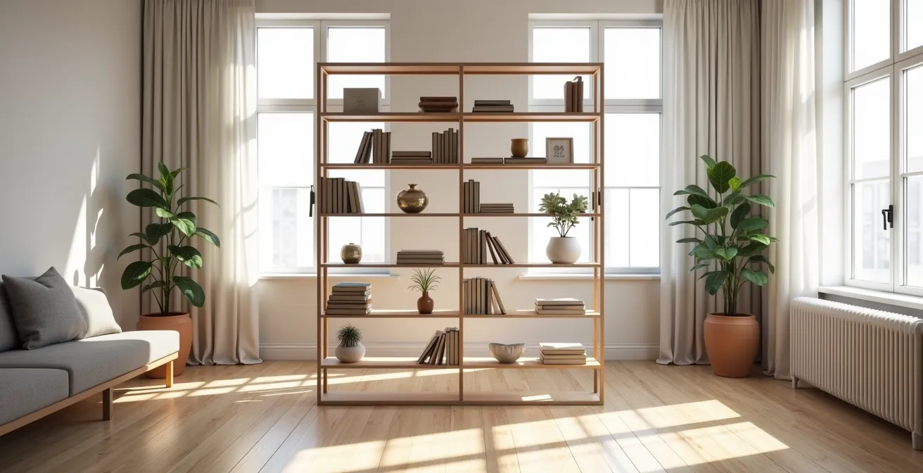 Intérieur de loft avec une bibliothèque ajourée servant de séparation entre salon et chambre, laissant filtrer la lumière naturelle