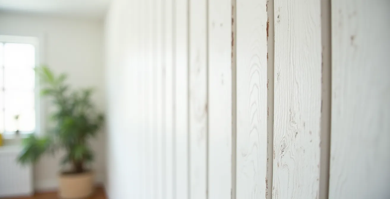 Mur en shiplap vertical blanc dans un salon avec plafond de 8 pieds typique des plex montréalais