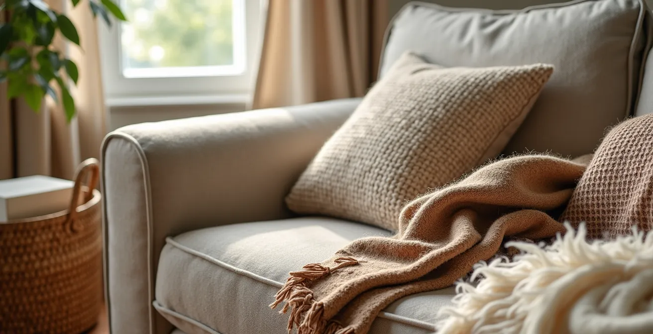 Gros plan sur différentes textures et matériaux absorbants le son dans un salon moderne