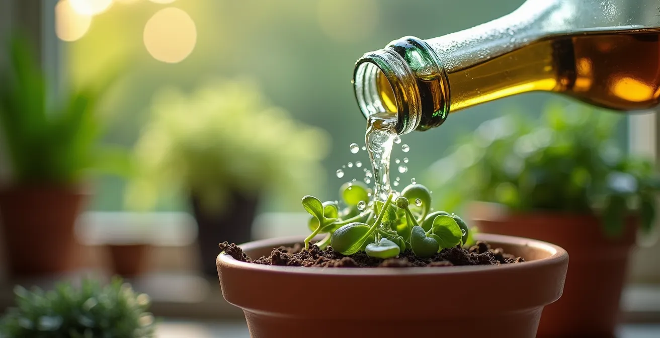 Système d'arrosage par capillarité fait maison avec bouteille de vin recyclée et cordes de coton