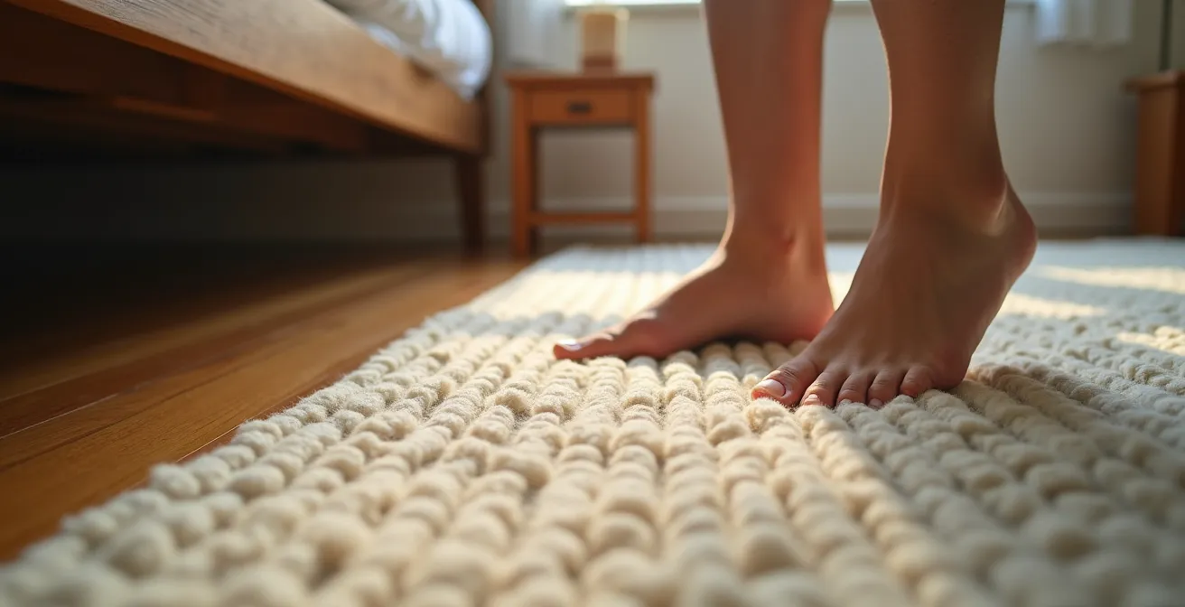 Tapis en laine épais sous un lit Queen créant une zone de confort acoustique et thermique