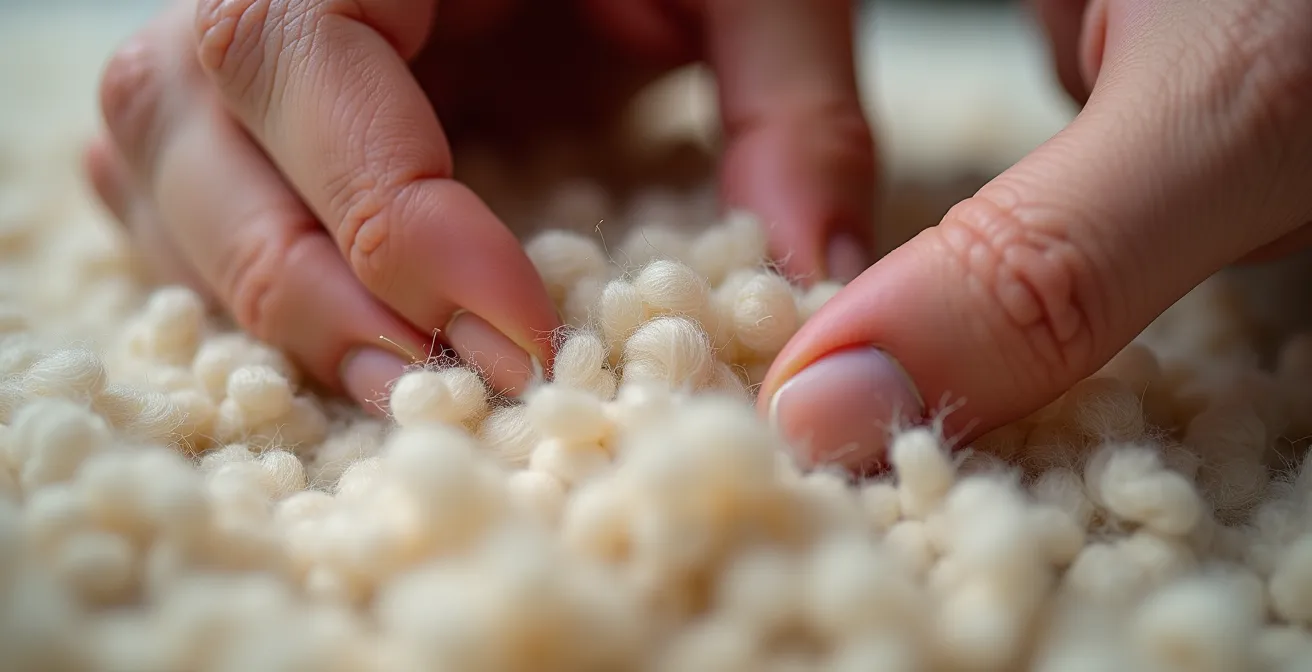 Gros plan d'une main testant la densité et la texture d'un tapis en laine naturelle épaisse