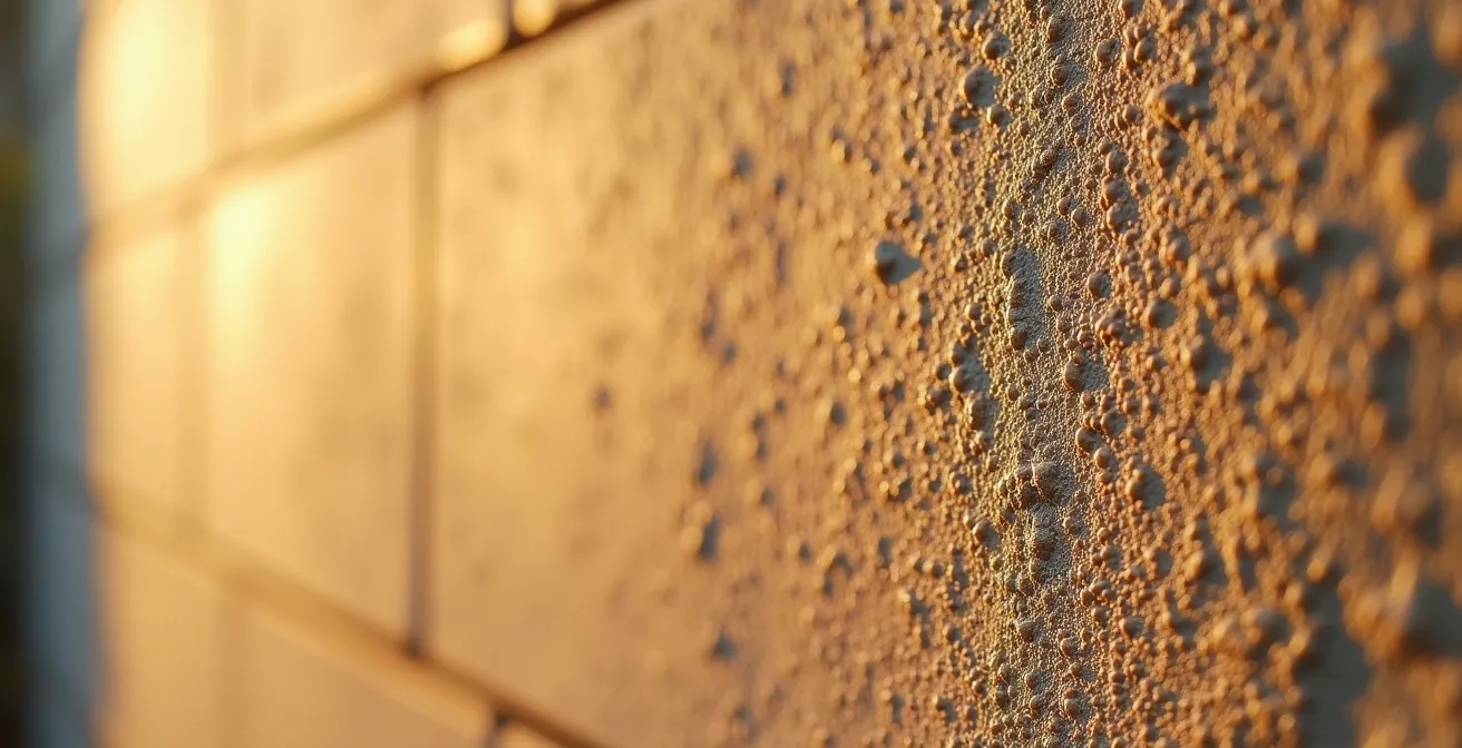 Détail macro d'un mur à la chaux montrant la texture mate poudrée et les nuances subtiles