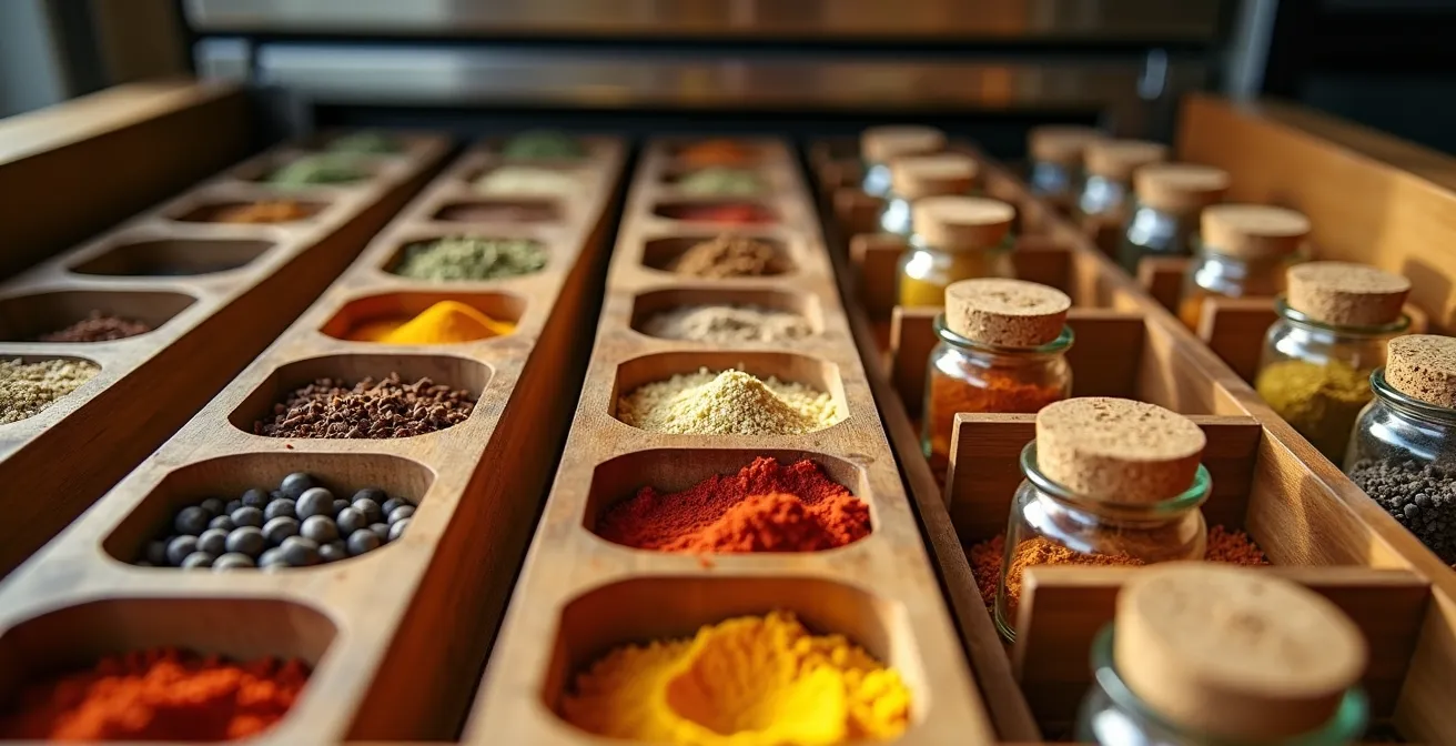 Gros plan sur un tiroir à épices coulissant organisé près de la cuisinière dans une cuisine moderne