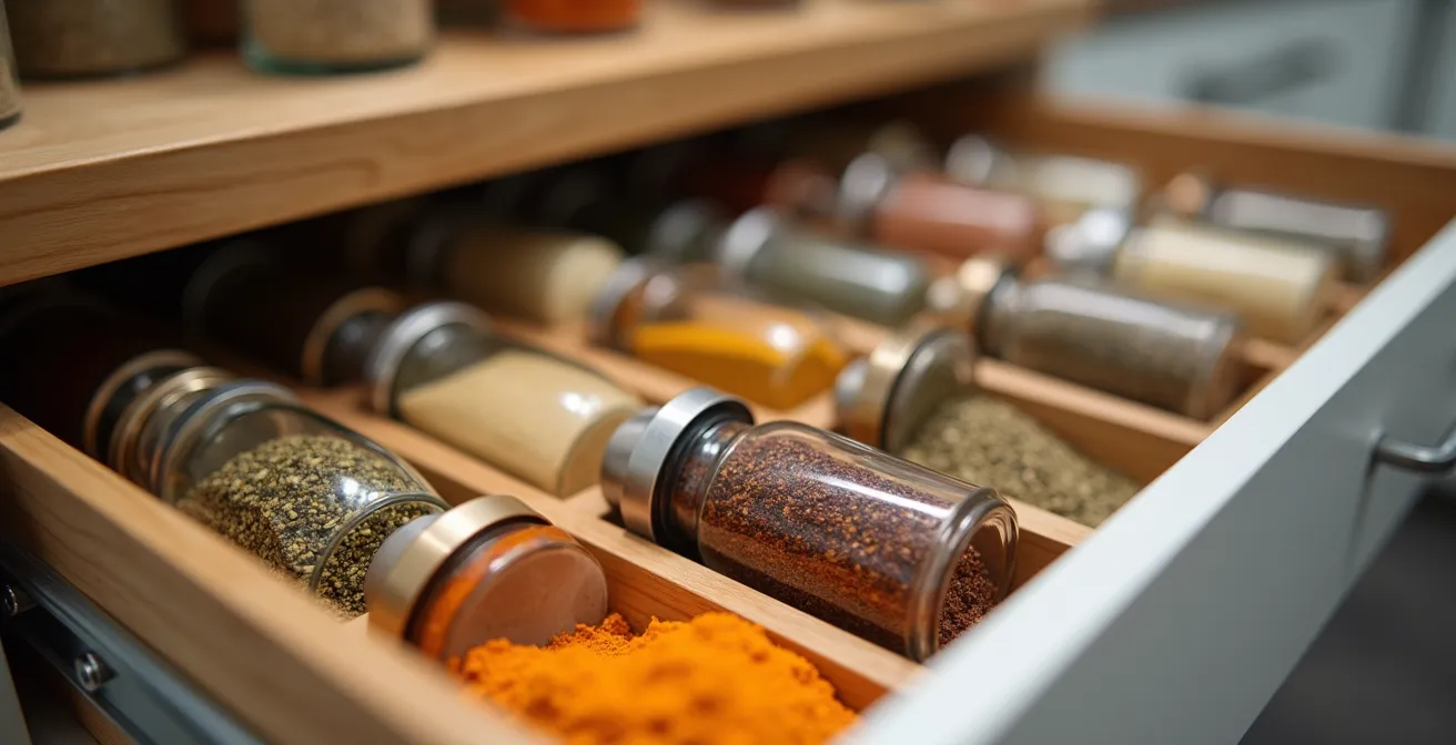Gros plan sur un tiroir à épices extractible situé dans la zone de préparation optimale