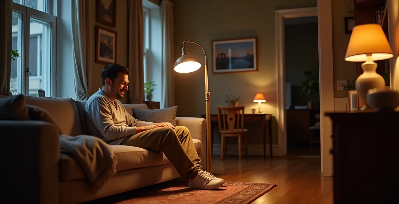 Vue d'ensemble d'un salon montréalais avec trois types d'éclairage à températures de couleur variées