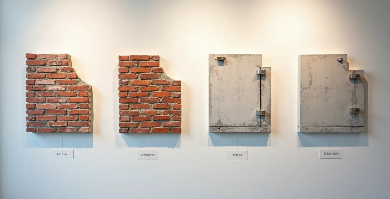 Coupe transversale montrant différents types de murs de condos montréalais avec les chevilles appropriées pour une vanité.