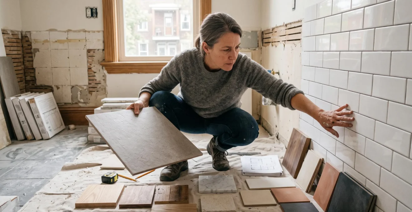 Designer examinant des échantillons de carreaux et matériaux naturels dans une salle de bain en rénovation à Montréal