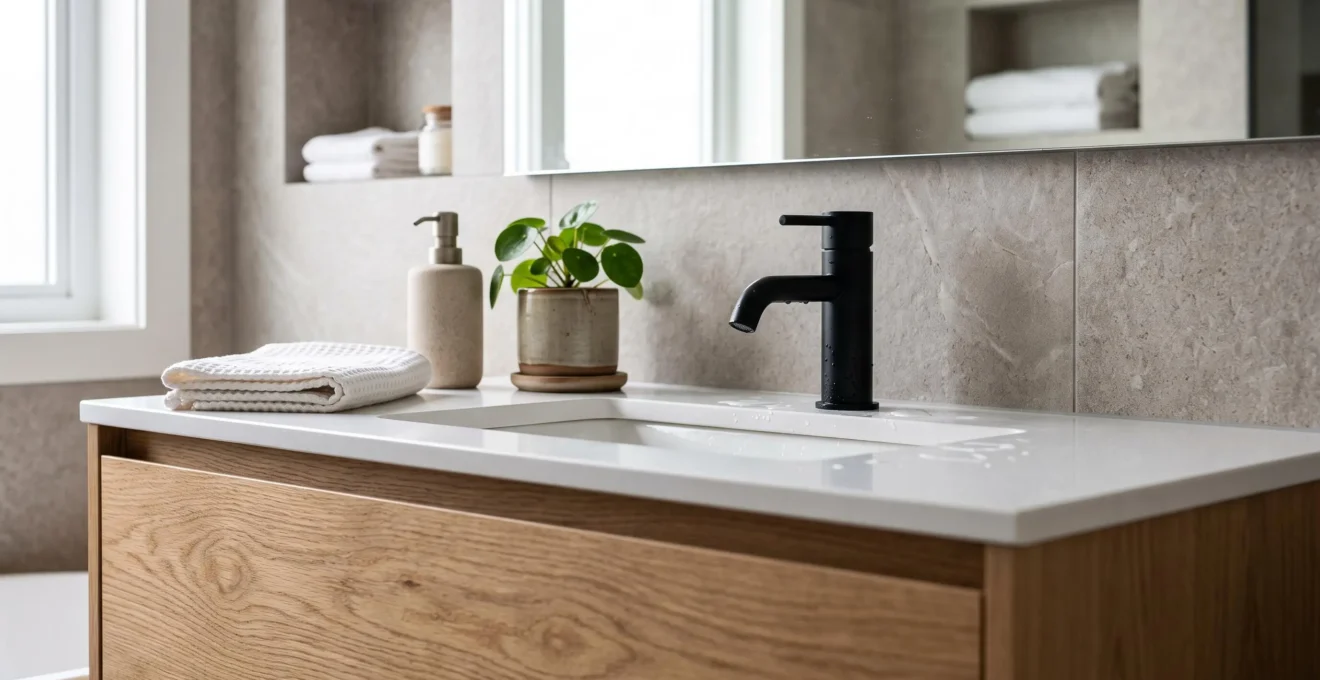 Détail d'un meuble-lavabo flottant en bois naturel avec comptoir blanc, robinetterie noire mate et carreaux gris dans une salle de bain montréalaise