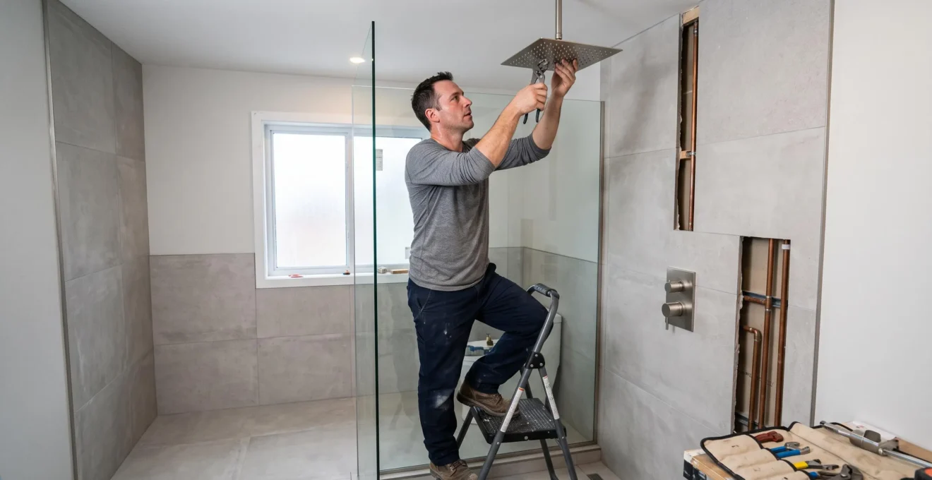 Plombier installant une pomme de douche effet pluie dans une douche moderne avec carreaux gris et système thermostatique