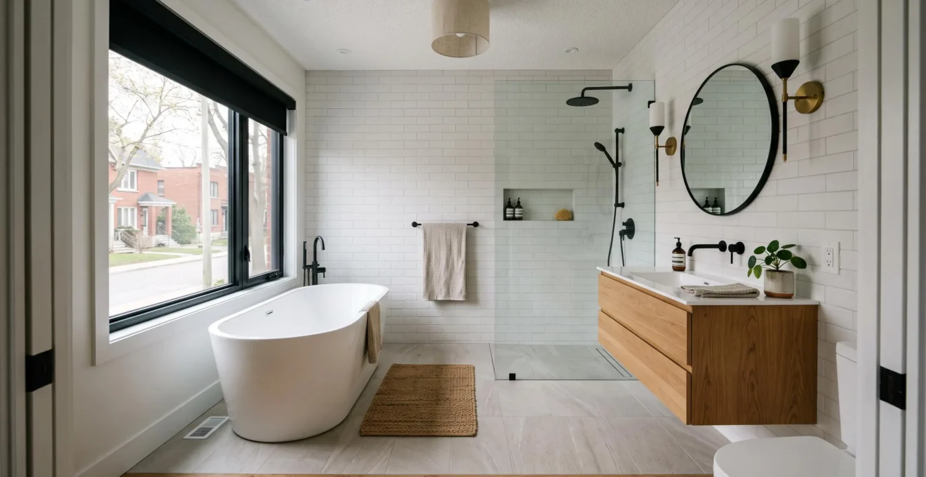 Salle de bain moderne complète avec baignoire autoportante, meuble-lavabo en bois naturel, carreaux grand format et robinetterie noire mate dans une résidence montréalaise