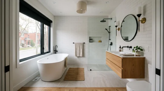 Salle de bain moderne complète avec baignoire autoportante, meuble-lavabo en bois naturel, carreaux grand format et robinetterie noire mate dans une résidence montréalaise